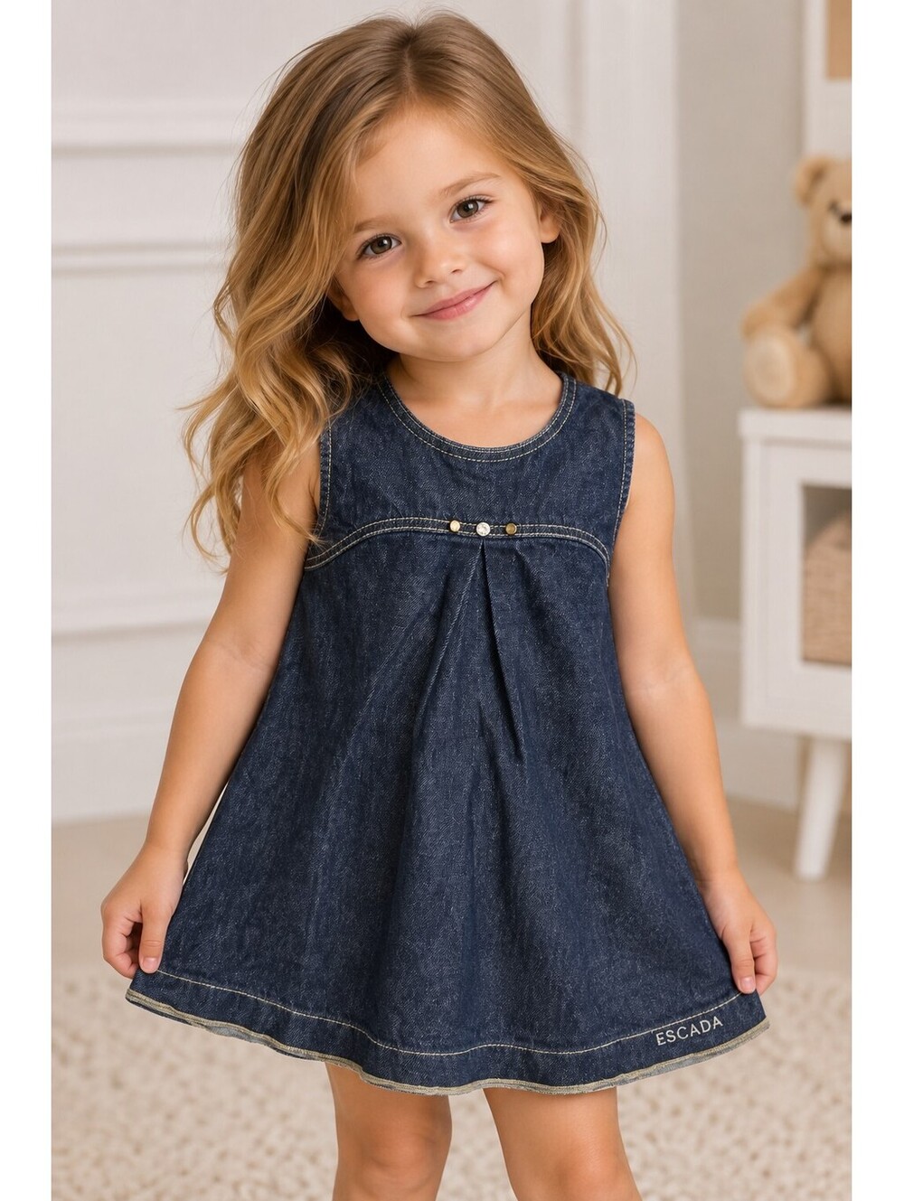 ESCADA Girls Denim Dress Dark Wash Rhinestone A-Line
